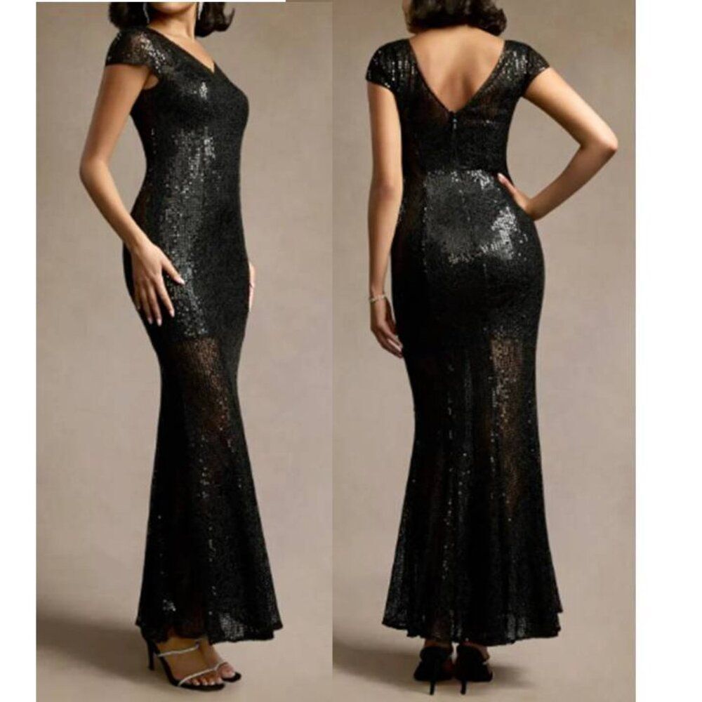 Azazie Women's Sequins Lace Mermaid Gown Dress Meril Formal Mystical Black S24